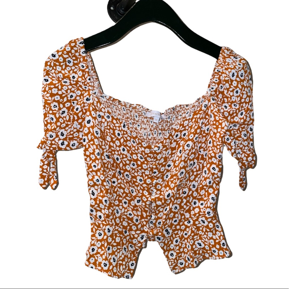 Floral Blouse by Olivaceous with smocked back and tie shoulders peasant style